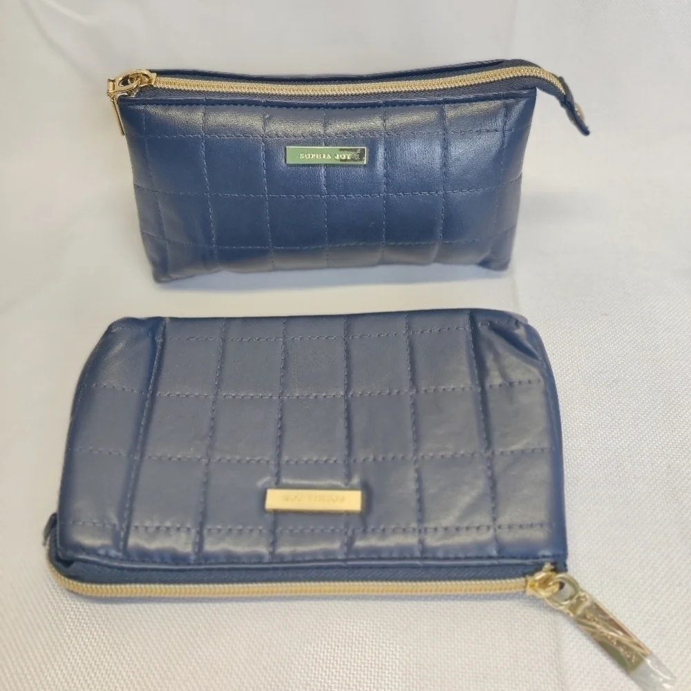 Two New Sophia Joy Makeup Bags Soft Quilted Navy Blue Faux Leather Zippers 4x7